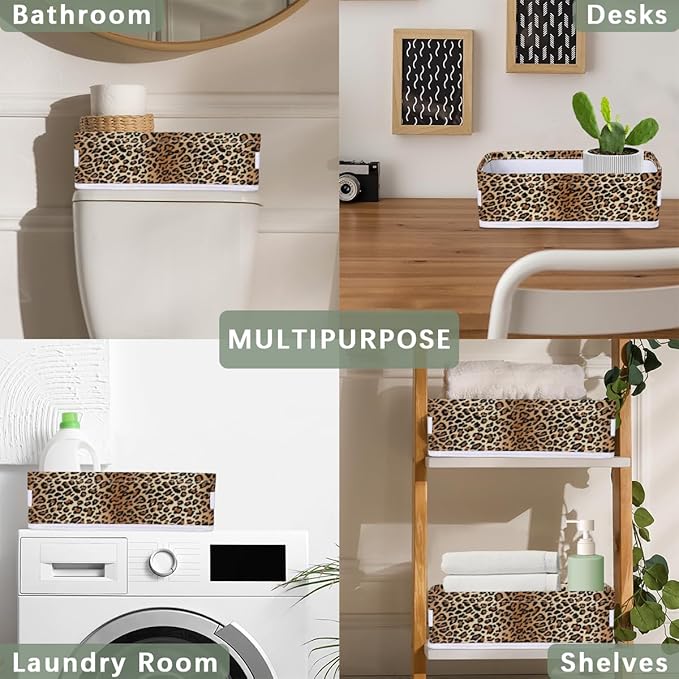 Leopard Print Bathroom Basket Foldable Toilet Tank Topper Paper Basket Waterproof Fabric Storage Organizer Bins Decorative Open Storage for Home Closet Containers Cabinet Set of 2