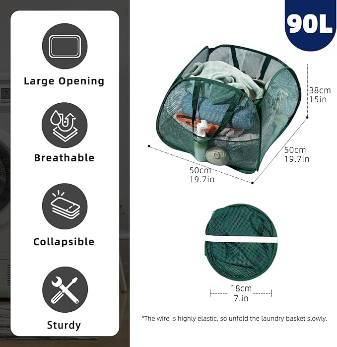 Collapsible Laundry Basket 90L, Foldable Mesh Pop-up Laundry Hamper with Handles, Dirty Clothes Hamper for Laundry with Side Storage Pocket(Green, 2PCS)