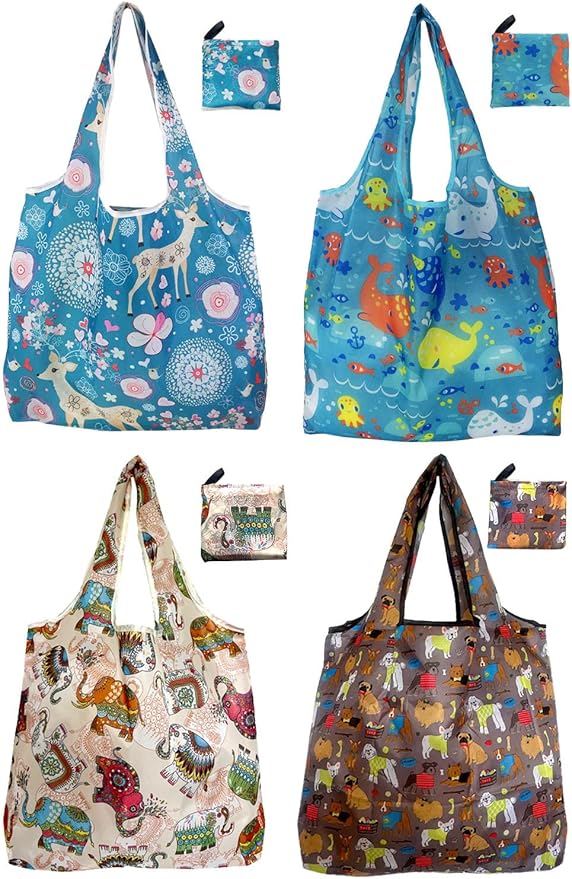 Foldable Reusable Grocery Bags, 4 Pack Large Shopping Tote Bags, Durable & Machine Washable Lightweight Totes for Travel, Groceries & Daily Essentials