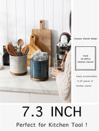 Utensil Holder, 360° Rotating Extra Large Ceramic Kitchen Utensil Holder for Countertop, 7.3“ Cooking Utensil Crocks for Kitchen Counter with Rotatable Wooden Base, Farmhouse Decor, Dusty Blue