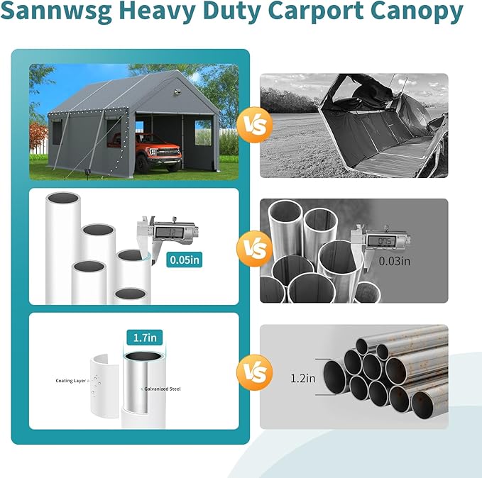 Heavy Duty Carport Canopy 13x25FT,Extra Large Portable Car Tent Garage with Roll-up Windows and All-Season Tarp Cover,Removable Roof&Side Walls for Car,SUV,Boats&Truck Shelter Logic Storage,Gray