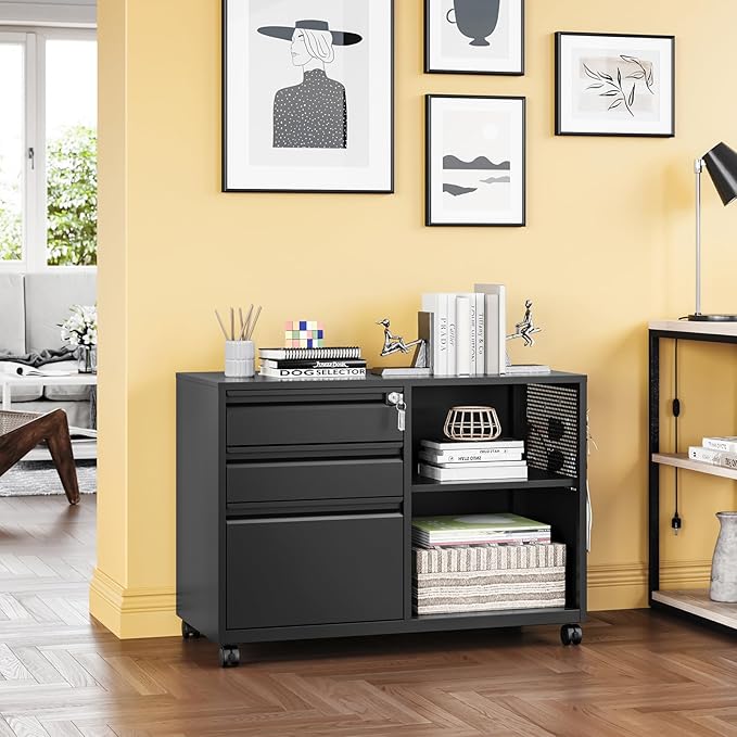 3 Drawer File Cabinet with Lock,Mobile Lateral Filing Cabinet with Side Hook for Letters/Legal/A4, Metal Printer Stand Storage Cabinets with Shelves for Home Office(Black)