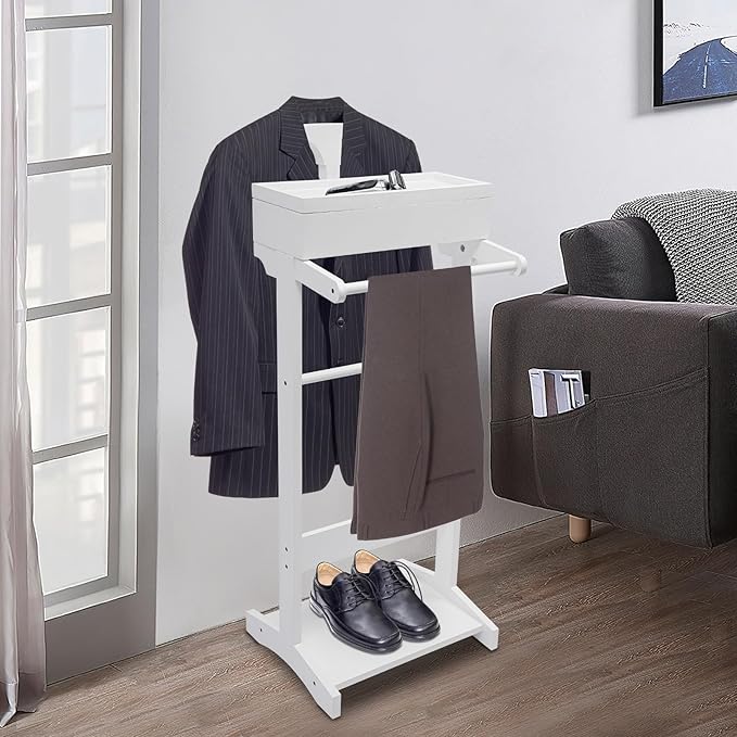 Suit Valet Stands with Drawer & Trouser Holder - Freestanding Wood Suit Rack for Clothes, Hats, Bags | MDF & Solid Wood, 22 lbs Capacity, Space Saving (White)