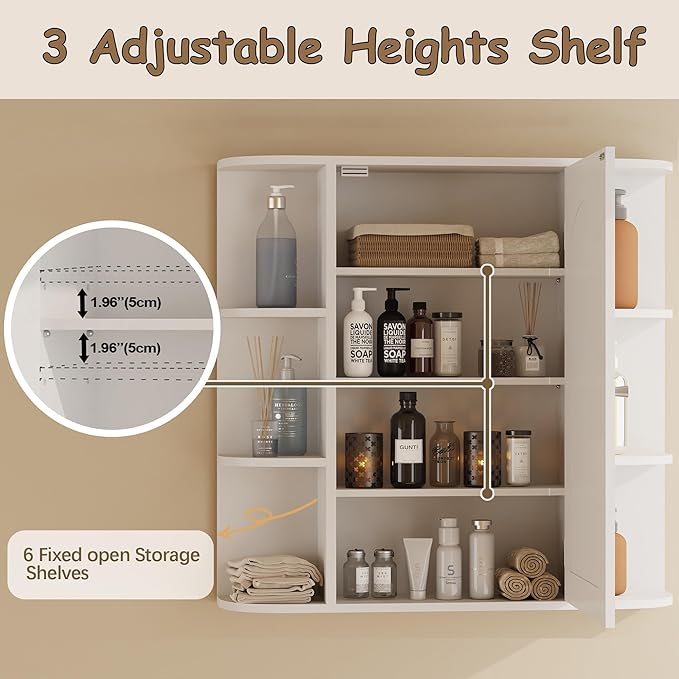 Bathroom Wall Cabinet, Medicine Cabinet with Mirror and Adjustable Shelves,White Wall Mounted Cabinet Over The Toile,3-Tier Wood Hanging Storage for Bathroom,Kitchen,Living,Laundry Room