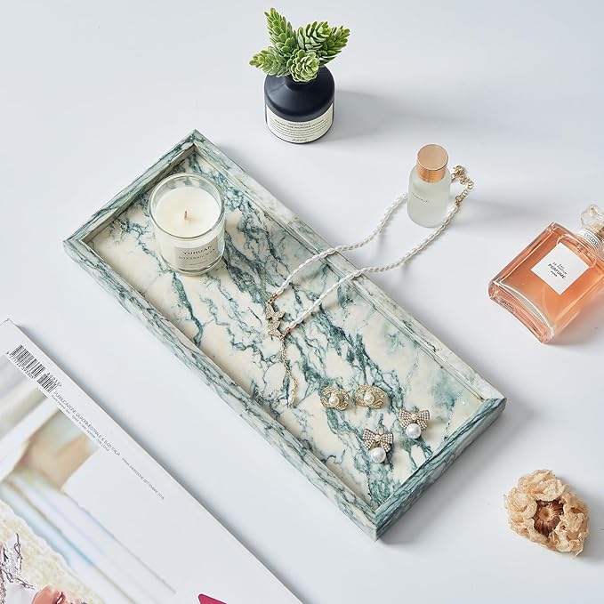 Natural Small Marble Vanity Tray, Luxury Stone Organizer for Bathroom & Kitchen | Holds Soap Dispenser, Jewelry, Perfume | Non-Resin, Non-Ceramic Décor (Cyan-Green, M (11.8" x 5.1" x 0.78"))
