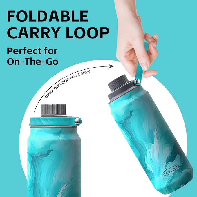 GREYLOCK 24 oz Insulated Water Bottle with Straw Lid, Leakproof Reusable Stainless Steel Vacuum Flask, 24hr Cold & Hot, Carry Handle & Silicone Spout, BPA-Free for Gym, Hiking, Travel,Blue