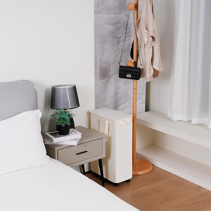 Slim Laundry Hamper with Lid and Wheels, Small Rolling Laundry Basket with Handle for Small Spaces, Tall Dirty Clothes Hampers for Dorm, Bathroom and Bedroom, 55L, Beige