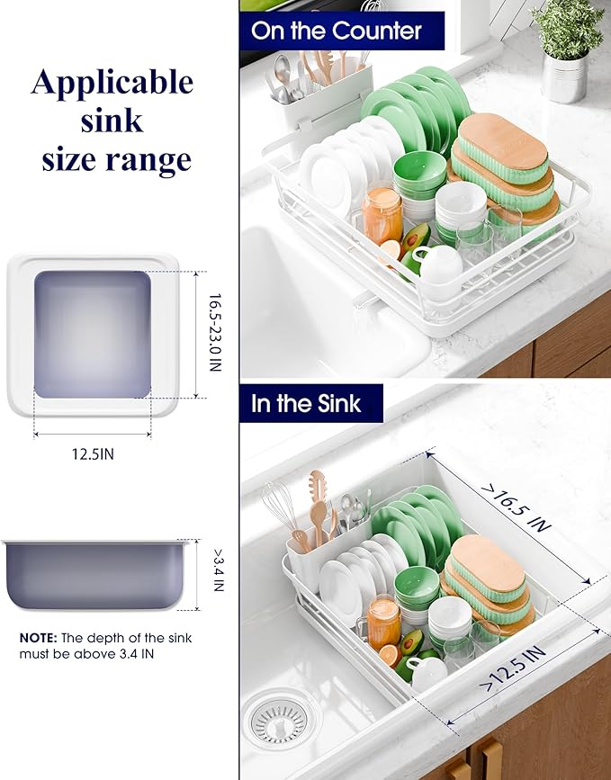 Kitsure Dish Drying Rack - Compact Dish Rack with Utensil Holder & Adjustable Water Outlet, Rust-Proof & Scratch-Resistant Drying Rack for Kitchen, 15.5" x 12.0" x 5.0", White