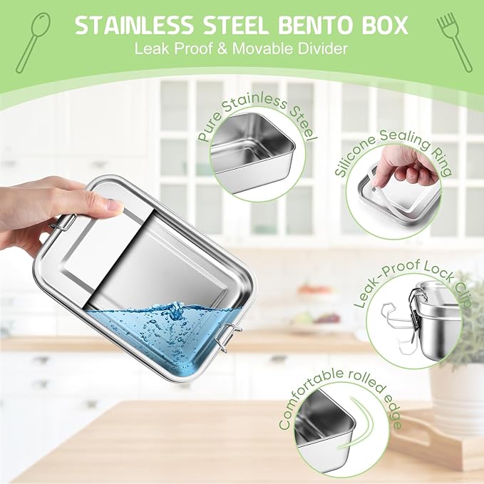TeamFar Stainless Steel Bento Box, 28oz/850ML Small Metal Bento Lunch Box Container for Adults/Kids, for Home/School/Office/Travel, With 2 Removable Dividers, Leak-Proof & Dishwasher Safe