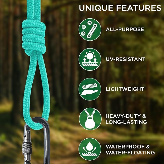 TECEUM Rope – 90 Feet x 3/8 Inch (10mm) – Green Wave – Strong All-Purpose Utility Rope – Camping, Crafting, Flag Pole, Indoor & Outdoor – Polypropylene Nylon Poly Lightweight Diamond Braided Cord