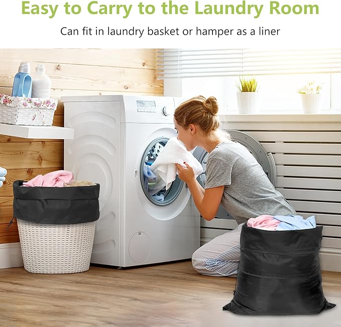 OTraki 20 x 24 inch Laundry Bag 2 Pack Travel Laundry Bags Medium Washable Dirty Clothes Bag Organizer with Drawstring Closure for Camp Fit Laundry Hamper Drying Do Not Exceed 176℉ Black