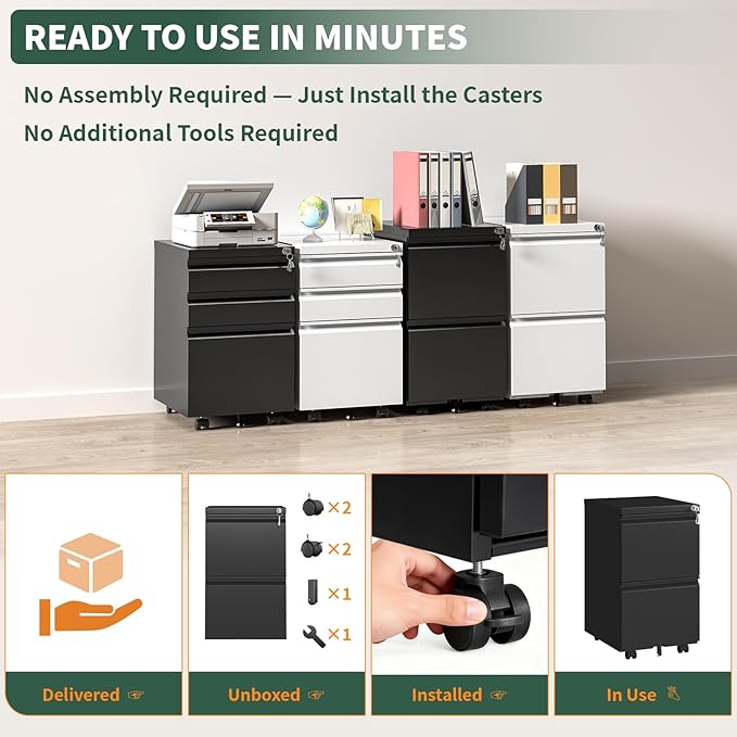 2 Drawer File Cabinet with Lock,Under Desk Rolling Small Filing Cabinet for Home Office Storage, Mobile Steel Cabinets with Wheels, Fully Assembled, Black