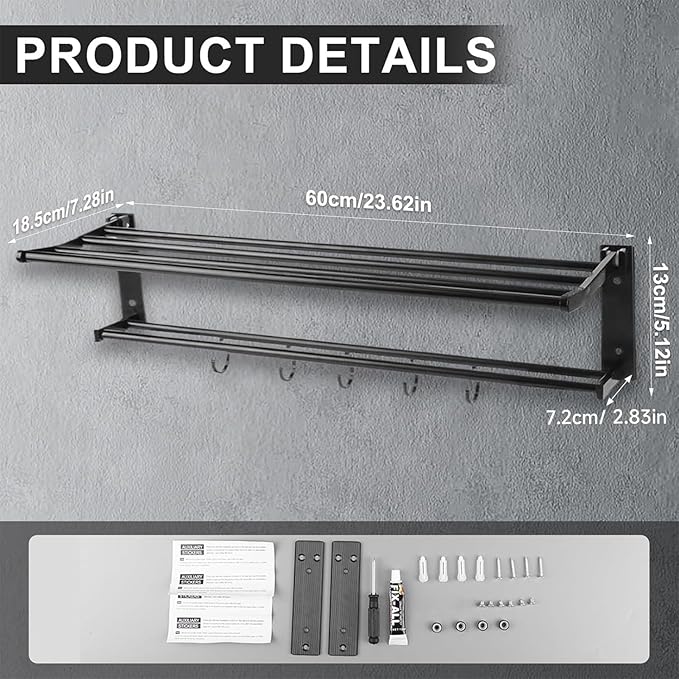 Towel Racks for Bathroom Wall Mounted, 24 Inch Foldable Towel Holder with 5 Movable Hooks,Rustproof Towel Organizer for Bathroom Lavatory Hotel Bath Matte Black