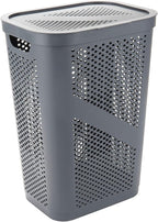 Mind Reader 60L Slim Laundry Hamper, Clothes Basket, Lid, Ventilated, Plastic, Set of 2, Gray