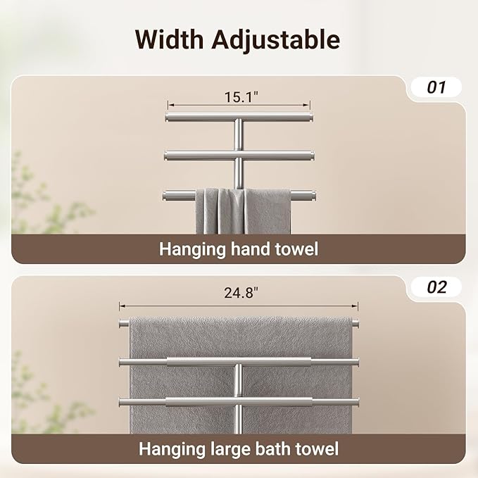 ELYKEN Standing Towel Racks for Bathroom, 3-Tier Floor Towel Holder Stand with Weighted Marble Base, Freestanding Bath Towel Rack, Width Adjustable & Stainless Steel Brushed Finish