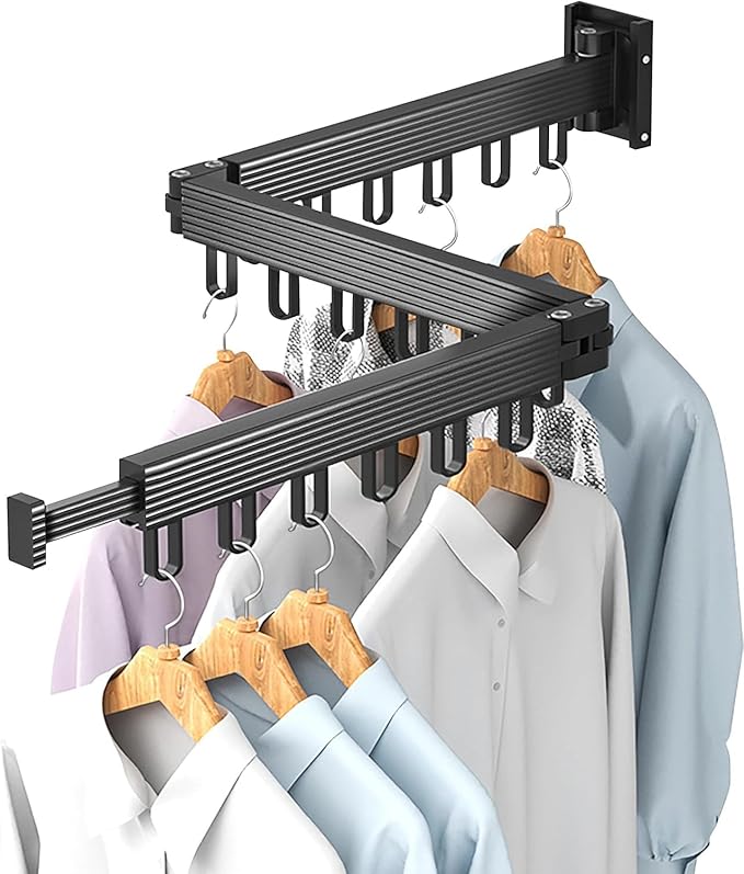 Wall Mounted Drying Rack for Laundry - Foldable Clothes Hanger Dryer with 180° Swivel, 220 lb Capacity, Aluminum Construction, Space-Saving Indoor Outdoor Organizer - Black