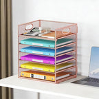 6 Tiers Letter Tray Paper Organizer with Handle, Mesh Desk File Organizer, Metal Desktop Document Shelf Organization, Paper Sorter Organizer for Office, Home or School File Folder Holder (Rose Gold)