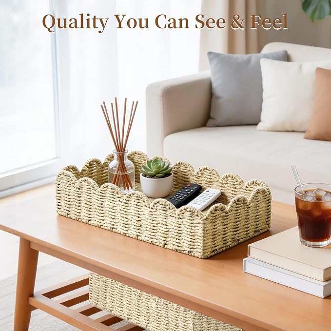 15" x 7.1" x 4" Scalloped Edge Paper Rope Basket, Toilet Paper Storage & Cozy Living Room Decor Basket for Over Toilet Shelf, End Table, Beige