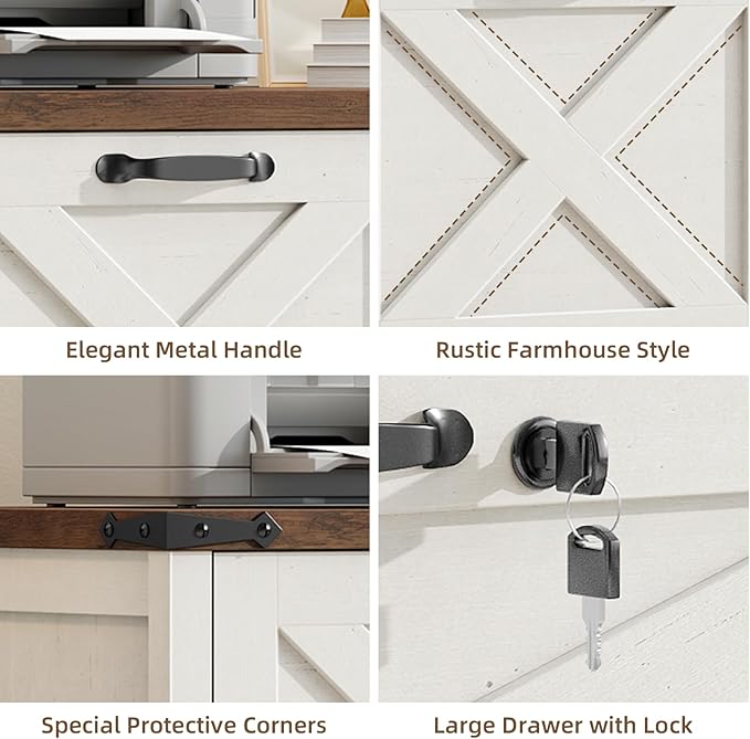 Lateral File Cabinet with 3 Drawers, Farmhouse File Cabinet with Lock for Letter/Legal/A4 Size Hanging Files, Wood File Storage Cabinets Printer Stand for Home Office Cabinets, Rustic White and Brown