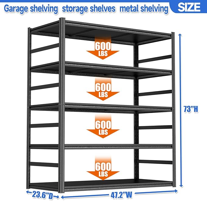 73" H Garage Shelving Heavy Duty 3000LBS Storage Shelves Shelving Unit 5 Tier Adjustable Metal Shelving for Basement, Warehouse, Pantry, Closet, Kitchen 47.2" W × 23.6" D × 73" H, Black