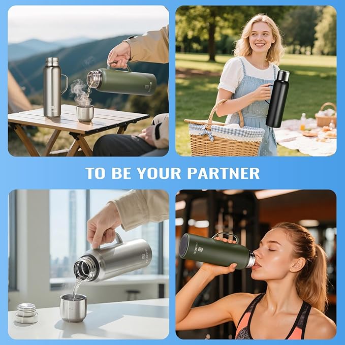 Insulated Vacuum Thermo Bottle 750ml/25.4oz with Cup Stainless Steel Coffee Bottles for Hot and Cold Drink Water Flask.(Silver, with Handle, 750ml)