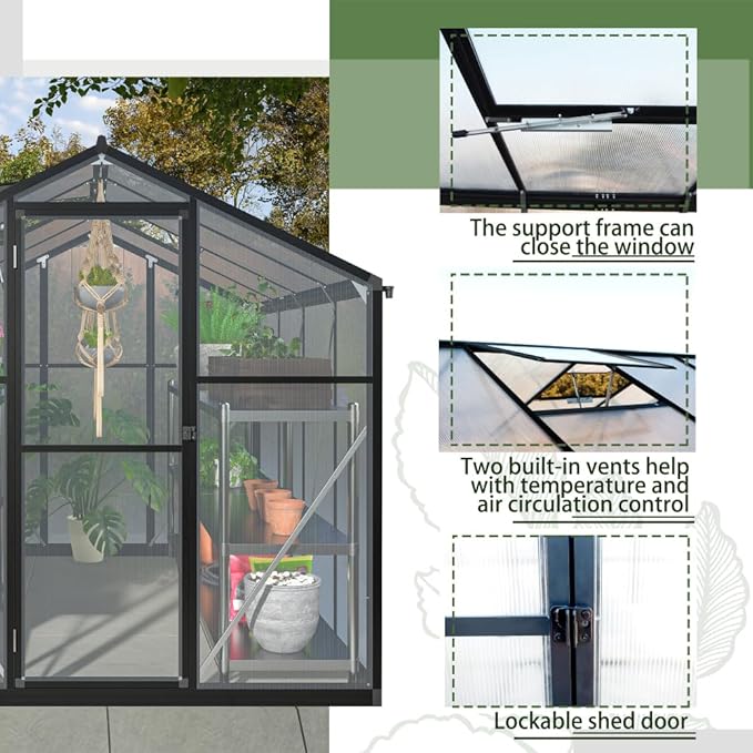 Heavy Duty Polycarbonate Greenhouse with Ventilation Windows and UV Protection for Backyard Garden Growing (6x8 FT)