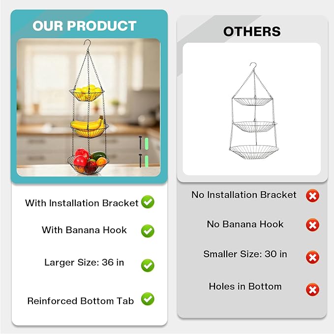 3 Tier Hanging Fruit Basket with Banana Hook, 34-Inch Heavy-Duty Wire Hanging Basket, Wire Vegetable Produce Organizer with Installation Bracket for Kitchen Storage Potato Vegetable