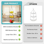 3 Tier Hanging Fruit Basket with Banana Hook, 34-Inch Heavy-Duty Wire Hanging Basket, Wire Vegetable Produce Organizer with Installation Bracket for Kitchen Storage Potato Vegetable