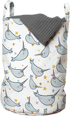 Ambesonne Narwhal Laundry Bag Pack of 2, Unicorn of the Oceans Pattern in Cartoon Style Composition Colorful Design, Hamper Basket with Handles Drawstring Closure, 13" x 19", Grey Gold