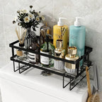 Godboat Bathroom Organizer - Over Toilet Storage, Floating Shelves with 2 Hooks, Wall Mounted Shelf Rack, Behind and Above The Tank, Gifts for Women (Black, 1-Tier)