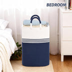Laundry Basket Hamper,Blanket Storage,Dirty Clothes Hamper with Swivel Handles,Woven Cotton Rope Toy Baskets,Blanket Basket Living Room,Decorative Hampers for Nursery,Bedroom,White & Blue,80L