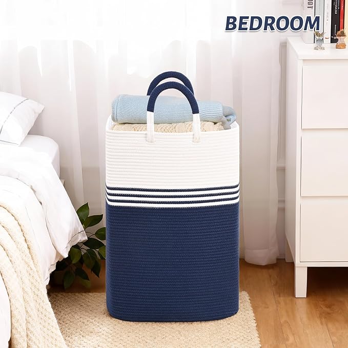Laundry Basket Hamper,Blanket Storage,Dirty Clothes Hamper with Swivel Handles,Woven Cotton Rope Toy Baskets,Blanket Basket Living Room,Decorative Hampers for Nursery,Bedroom,White & Blue,80L