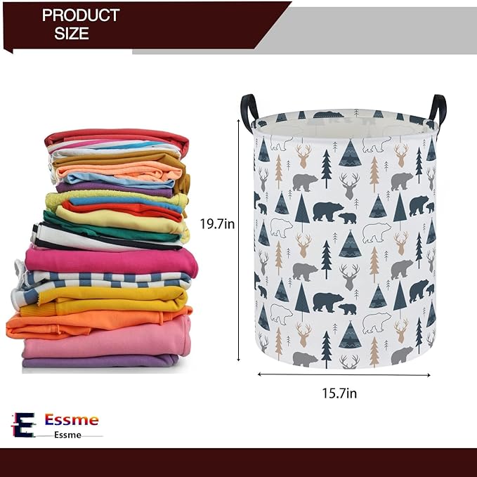 ESSME Kids Laundry Basket,Bear Hamper Collapsible Canvas Waterproof Storage Bin forBoys, Woodland Hamper,Gift Baskets(Bear)