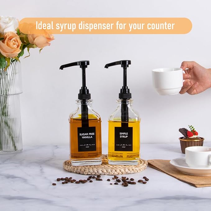 Alotpower 4-Pack 16oz Glass Coffee Syrup Dispenser Bottles, Empty Square Dispenser for Coffee Bar with 1/4oz Pump - Kit Includes 36 Labels & Marker