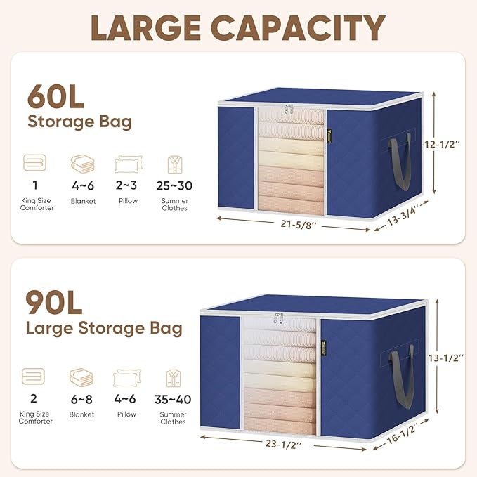 BALEINE 3 Pack Clothes Storage Bags, 16 Gallon Storage Containers with Reinforced Handle, Sturdy Zipper, Closet Organizer for Blanket, Comforter, Pillow, Bedding (Blue, 3 Pack)