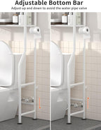 3-Tier Over The Toilet Storage, Freestanding Metal Bathroom Shelves with 4 Hooks, Over Toilet Storage Shelf with Paper Holder, Above The Toilet Shelf for Bathroom Storage, White