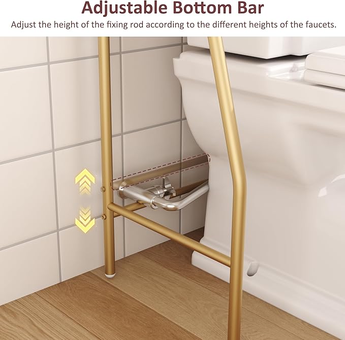 HOME BI Over The Toilet Storage Shelf, 3-Tier Over Toilet Bathroom Organizer Rack, Freestanding Space Saver Toilet Stands with Hooks, Gold