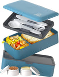 Umami Bento Box Adult All-In-1 w/4 Utensils, 2 Sauce Jar, 2 Dividers, 100% Leakproof, Microwave & Dishwasher Safe, Stackable Bento Lunch Box Containers for Men/Women, Denim Blue, 40 oz