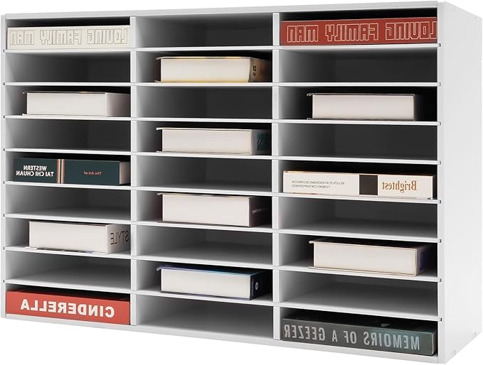 27 Compartments Literature Organizer with Adjustable Stackable Shelves, Doorless File Classification Cabinet, Office Classroom Mailbox with Anti-Slip Pads for Home Office School, White