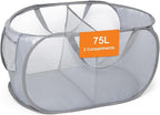 Sturdy Collapsible Laundry Baskets, Foldable Pop Up Laundry Hamper, Durable 2 Compartments Laundry Basket, Handy Pocket & Easy to Sort Clothes Hampers for Laundry, Dorm, Kids Room, Travel Grey