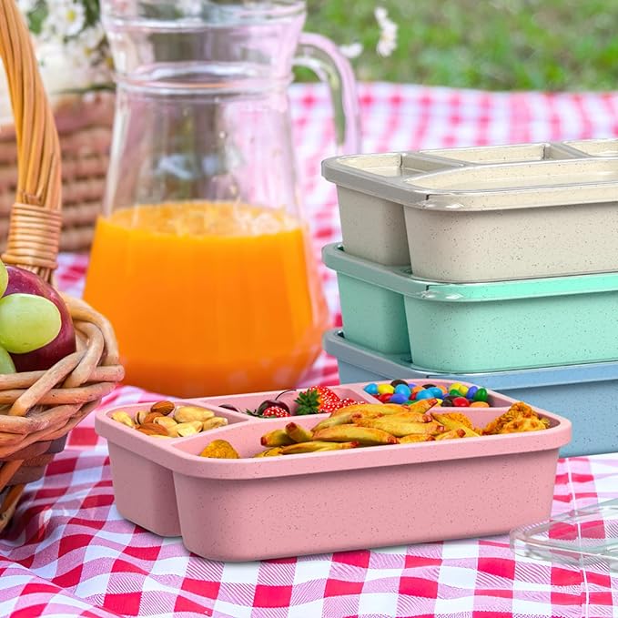 Bento Box Adult Lunch Box (4 Pack), 4-Compartment Meal Prep Container for Kids, Reusable Food Storage Containers with Transparent Lids, No BPA, Microwaveable (Wheat (Green/Blue/Pink/Beige))