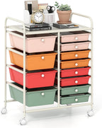 GOFLAME 12-Drawer Rolling Storage Cart, Craft Storage Cart with Removable Drawers & Lockable Wheels, Art Cart Supply Storage Organizer with Metal Frame for Home Office Classroom, Macaron Color