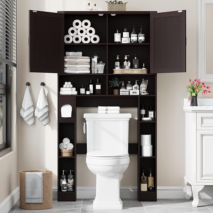 Vabches Over The Toilet Storage Cabinet, Farmhouse Storage Cabinet Over Toilet with 2 Barn Doors ，Toilet Paper Holder Stand，Home Space-Saving Toilet Rack, for Laundry, Restroom, Bathroom(Walnut)