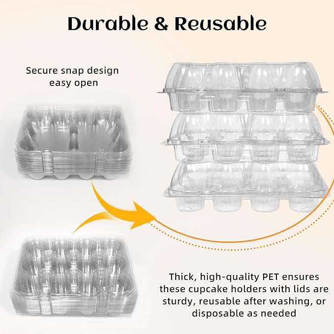 12 Count x 25 Sets Plastic Cupcake Containers, Durable and BPA-Free Cupcake Holder with Lid for Easy Transport Storage, Stackable Clear Cupcake Carriers, Reusable Dessert Boxes