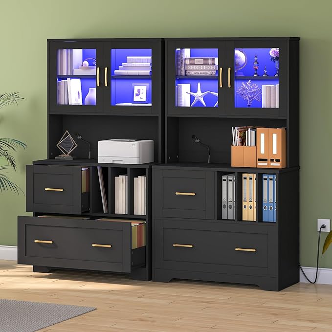 HOOBRO 2 Drawer File Cabinet with Charging Station, LED Lights, and Bookshelf, Farmhouse Filing Cabinet with File Holder Organizer, Fits Letter, Legal, A4 Size, Vertical, for Home Office, Black