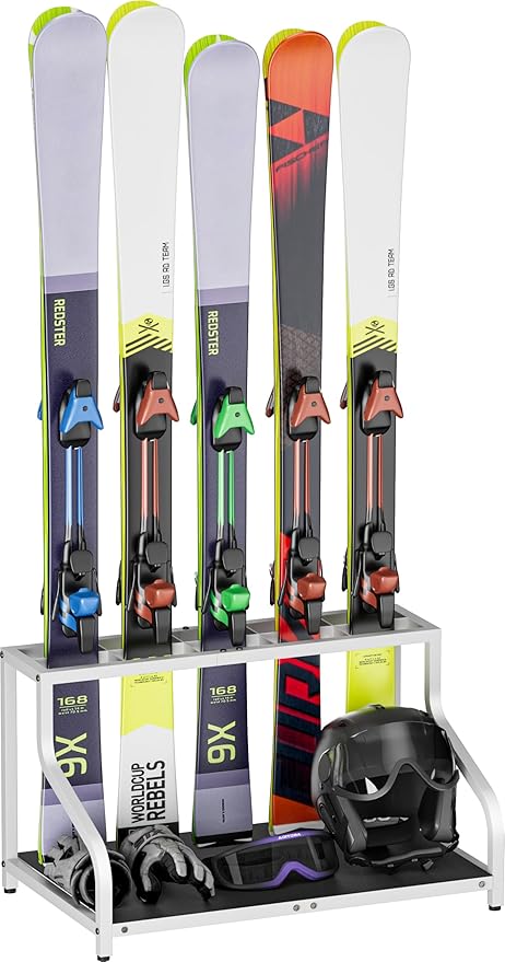 Ski Storage Rack for Garage — Freestanding Ski Holder for 5 Pair Skis, Helmet, Goggles, gloves, Indoor Snowboard Rack Organizer Stand for Home, Shed, Basement, White