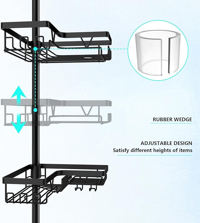 Shower Caddy Tension Pole Corner with 4 Removable Baskets & 2 Towel Bar - Expandable Shower Caddy Corner Adjustable 25-114.2 Inches Upgraded Bath Organizer for Tub(Stainless Steel, Black)