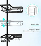 Tension Pole Shower Caddy, 4-Tier Stainless Steel Shower Organizer with 2 Removable Soap Holders, 25 to 114.2 Inches, for Bathtub/Bathroom Corner, Renters Friendly, Black