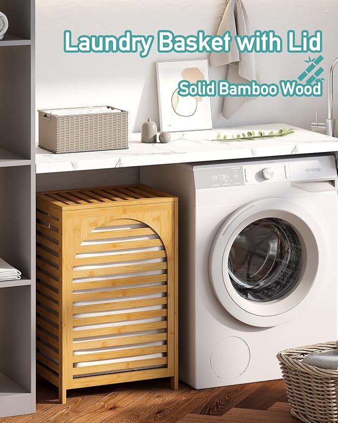 Laundry Hamper, 22.5 Gallon (85L) Bamboo Wood Clothes Laundry Basket with Lid and Handles, Removable Liner (Natural, Large)