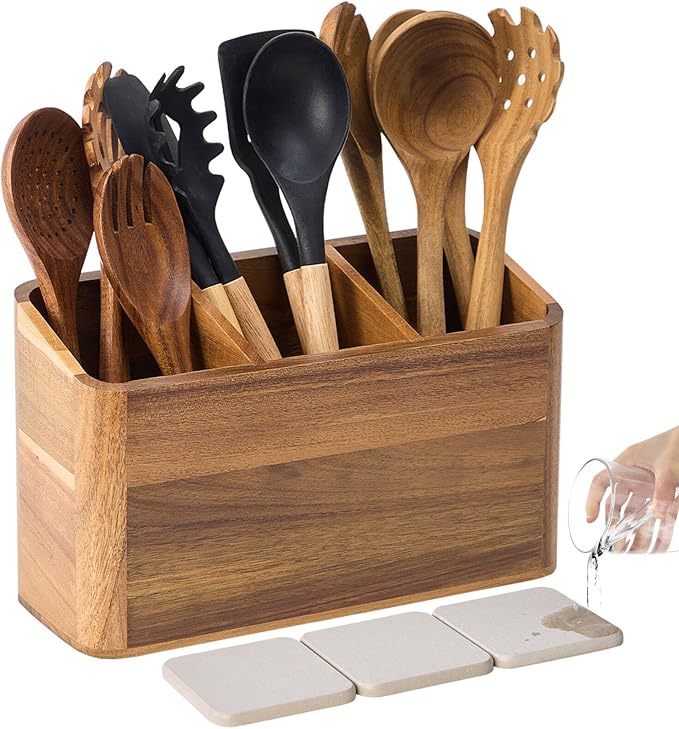 Wooden Utensil Holder for Kitchen Counter, Acacia Wood Kitchen Utensil Holder for Countertop with 4 Compartment, Cooking Utensil Organizer, Silverware Caddy (Acacia Wood, 3Compartment)